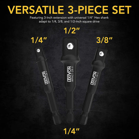 6 Piece Impact Socket Adapters Set With 3 Inch And 6 Inch Extensions Holder Includes One Quarter Inch Three Eighth Inch And One Half Inch Drive Adapters Converts Drill To High Torque Built Tough Impact Wrench Rust Resistant Black Phosphate Coated shown on dark background with labels indicating sizes 1/4", 3/8", 1/2".