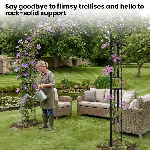 Extra Large Garden Arch Trellis Heavy Duty Galvanized Metal Driveway Archway with climbing plants in garden setting