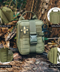 Rhino Rescue survival first aid kit in ranger-green MOLLE pouch with quick-release buckle and Velcro patch