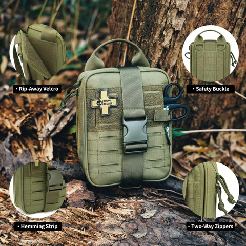 Rhino Rescue survival first aid kit in ranger-green MOLLE pouch with quick-release buckle and Velcro patch