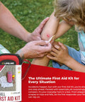 Adult bandaging child's knee with One Person All-In-One 72 Hour Bug Out Bag Emergency Survival Kit For Family Be Ready For Hurricanes Floods Tsunamis And Other Disasters Includes 30-Piece First Aid Kit visible.