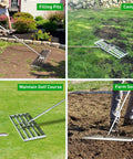 Heavy Duty Lawn Leveling Rake 30x10 Stainless Steel With 78 Inch Ergonomic Handle being used on various terrains