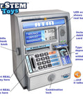 Talking ATM Piggy Bank For Kids With Digital Screen And Real Money Calculator, Interactive Savings Safe Box with features labeled