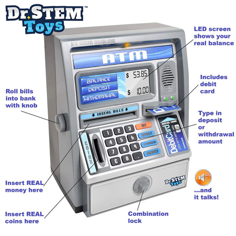 Talking ATM Piggy Bank For Kids With Digital Screen And Real Money Calculator, Interactive Savings Safe Box with features labeled