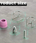 All In One Plasma Cutter Consumables Kit For AG-60, AG-60P, SG-55, WSD-60 displaying nozzles, shield cups, and wire guides with dimensions