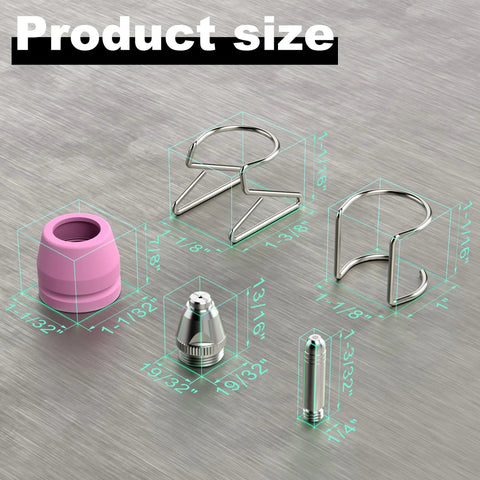 All In One Plasma Cutter Consumables Kit For AG-60, AG-60P, SG-55, WSD-60 displaying nozzles, shield cups, and wire guides with dimensions