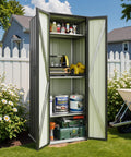Rugged 28 Cu Ft Outdoor Storage Cabinet With Adjustable Shelves And Locking Door, Weatherproof Metal Shed by garden fence