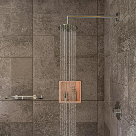 Shower Niche In Brushed Copper 12 X 12 X 4 Inches, Waterproof Bathroom Storage for Shampoo, installed in tiled shower wall