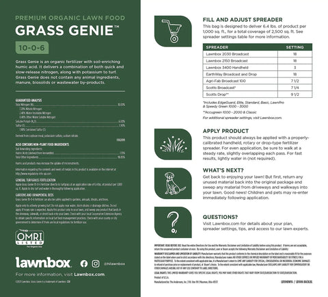 Grass Genie 10-0-6 Organic Spring Lawn Fertilizer, 16 Lb Bag product label detailing usage instructions and spreader settings.
