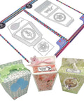 Milk Box Gift Box Die Cut Set For Paper Craft And Scrapbooking, shown with metal dies and completed decorative gift boxes.