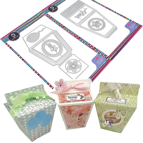 Milk Box Gift Box Die Cut Set For Paper Craft And Scrapbooking, shown with metal dies and completed decorative gift boxes.
