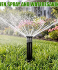 Adjustable Sprinkler Heads 8 Pack For Lawns And Gardens No Sweat Setup Full Circle Rotating Arc covers grass with even spray.