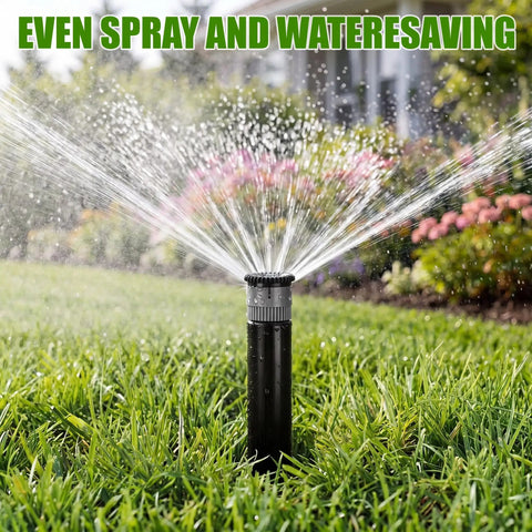 Adjustable Sprinkler Heads 8 Pack For Lawns And Gardens No Sweat Setup Full Circle Rotating Arc covers grass with even spray.