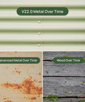 Comparison of VZ 2.0 steel, galvanized metal, and wood over time; Kid Friendly Elevated Garden Bed with Legs and Storage Rack