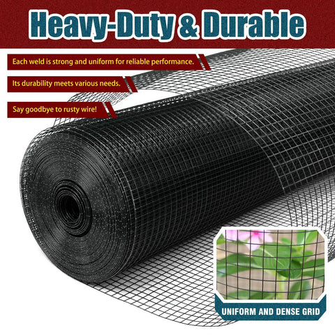 Heavy Duty Black Vinyl Coated Hardware Cloth 1/2 X 48 X 100 Foot 19 Gauge Welded Wire Fence Mesh rolled up for outdoor use.