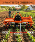 45-Inch 3 Point Hitch Rotary Tiller For Tractors 20-30HP Cat 1 in a field, showing hitch dimensions and farmer in background.