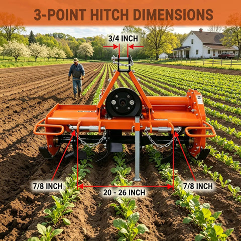 45-Inch 3 Point Hitch Rotary Tiller For Tractors 20-30HP Cat 1 in a field, showing hitch dimensions and farmer in background.