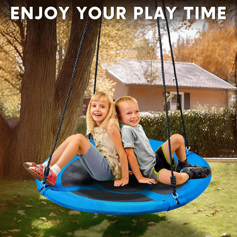 Two kids on a 40 Inch Saucer Tree Swing With 900Lb Weight Capacity Waterproof Seat For Kids Outdoor Play and Hanging Straps