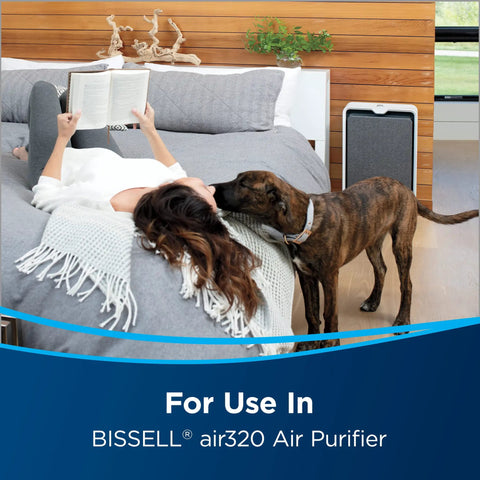 Woman reading on bed with dog, air purifier in background, showcasing Pet Pro Filter Pack For Air Purifier Compatible With Air320.