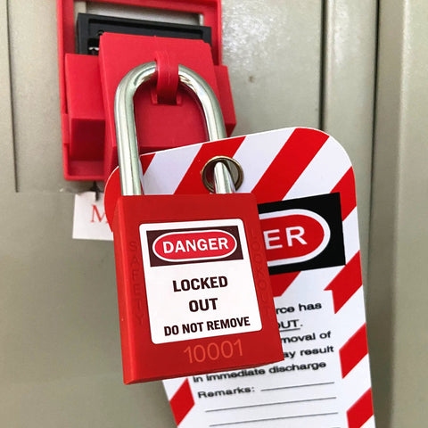 Close-up of Lockout Tagout Safety Padlocks Set in use on a panel, showing one red lock with danger tag, keyed different, OSHA compliant.