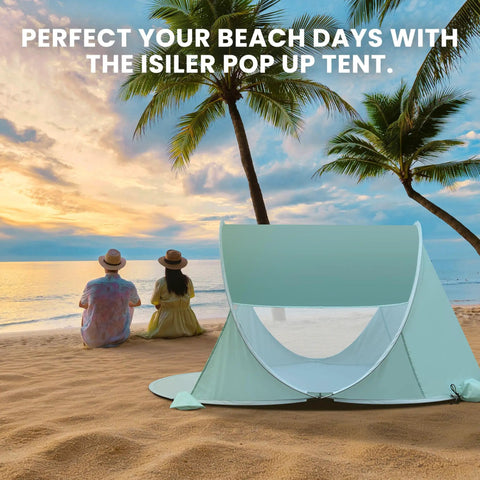 Go To Easy Pop Up Beach Shelter For 1 To 2 People With UPF Fifty Plus UV Protection Set Up In Seconds near ocean at sunset