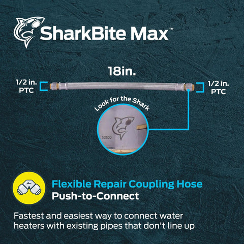Max 1/2 Inch By 1/2 Inch By 18 Inch Braided Flexible Repair Coupling Hose With Push To Connect Brass Plumbing Fitting displayed
