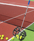 No Bending Over Tennis Ball DinkBall Roller Picker for 1.5 to 3 Inch Balls on tennis court near net, holds up to 55 balls
