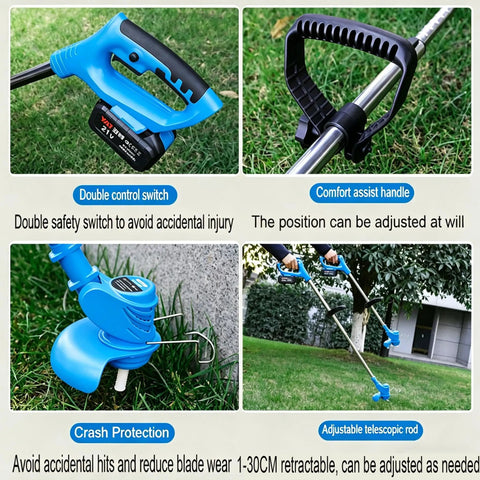 Various features of the Powerful Cordless Weed Wacker including double control switch, comfort handle, crash protection, and retractable rod.