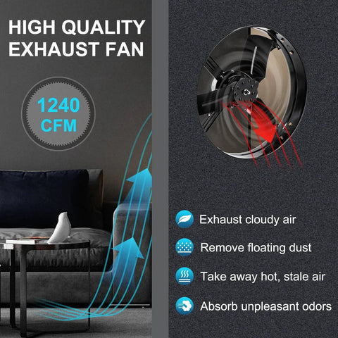 14 Inch Gable Mount Attic Fan With Adjustable Thermostat For Home Shed Garage And Portable Building No Fuss High CFM Exhaust 1510 RPM 1239 CFM Covers Up To 1850 Sq Ft displayed with airflow effects and feature list