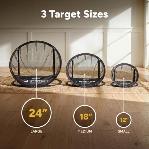 Three Chipster Range PRO Golf Chipping Nets in 24", 18", and 12" sizes displayed indoors for practice.