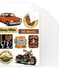 Sublimation Sticker Paper 60 Sheets 8.5x11 White Waterproof Glossy Vinyl for Inkjet Printers with retro car and bike designs