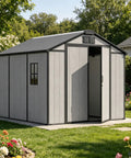 Heavy Duty Galvanized Steel Outdoor Storage Shed With Lockable Door And Wide Double Doors For Easy Gear In And Out In The Backyard Patio 8x10 Grey Rust Resistant Weatherproof Metal Tool Storage
