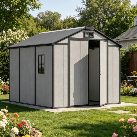 Heavy Duty Galvanized Steel Outdoor Storage Shed With Lockable Door And Wide Double Doors For Easy Gear In And Out In The Backyard Patio 8x10 Grey Rust Resistant Weatherproof Metal Tool Storage