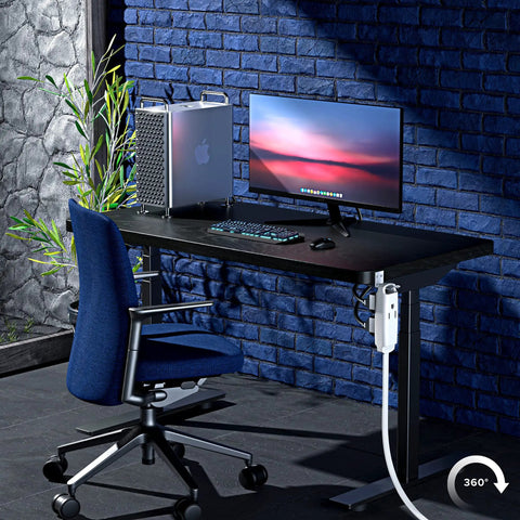 360 Degree Rotating Flat Extension Cord With 6 Ft Length, installed under desk, powering computer setup, white plug visible