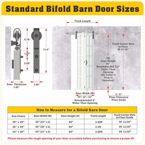 Bi-Fold Barn Door Kit 42 By 84 Inches With 10-Lite Tempered Frosted Glass Panels And Sliding Hardware For Two Doors White MDF Closet Slab 3.83 Foot Track Space Saving Modern Home Upgrade dimensions and installation guide.