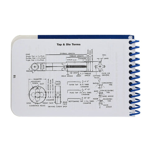 Heavy Duty Machinist Pocket Guide And Machine Shop Handbook featuring tap and die terms diagram, spiral bound, 5 5/8 x 3 1/4 in.