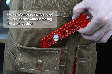 Tough As Nails Aluminum Woodworking Compass Scriber Smooth Operator being held above a pocket in a brown work apron.