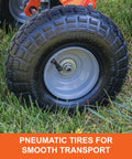 Close-up of 10 inch pneumatic tires on Tow Broadcast Spreader 85 Lb Capacity For Lawns, Spreads Up To Ten Feet