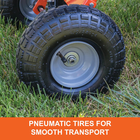 Close-up of 10 inch pneumatic tires on Tow Broadcast Spreader 85 Lb Capacity For Lawns, Spreads Up To Ten Feet