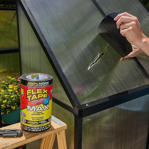 Thick Rubberized Waterproof Tape That Patches Leaks, Seals And Repairs Virtually Anything, Works Underwater And On Indoor Or Outdoor Surfaces, Ideal For Home, RV Roof, Plumbing And Pool Repairs, Black, 12 In By 10 Ft used to patch a cracked greenhouse panel