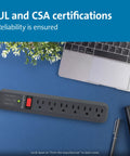 Guardian Six Outlet Power Strip With Fifteen Foot Surge Protector 540 Joules Black Indicator Light shown on desk