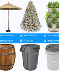 Collage of patio umbrella, Christmas tree, stackable planter, whisky barrel, trash can, and water container against white background.