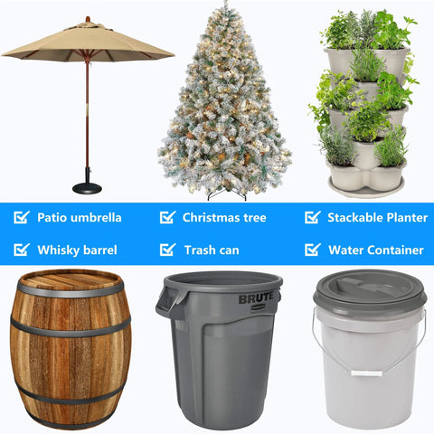 Collage of patio umbrella, Christmas tree, stackable planter, whisky barrel, trash can, and water container against white background.