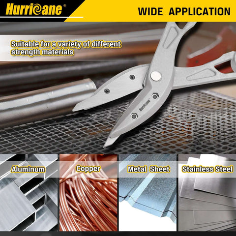 Lightweight Aluminum Tin Snips With Replaceable Blades cutting metal sheet for HVAC and vinyl siding projects.