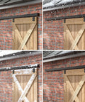 Four views of Five-Foot Box Rail Sliding Barn Door Hardware Kit With Wall Mount Track on brick wall with wooden door.
