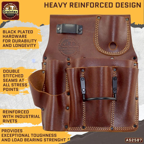 Right Handed Ambassador Series Drywall Pouch Chestnut Brown Top Grain Leather Pro Grade With One Hammer Holder