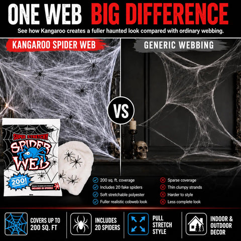 Epic Halloween Fake Spider Webs With 200 Square Feet Of Stretchable Yard Netting And Twenty Realistic Creepy Crawlers comparison image.