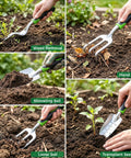Heavy Duty Gardening Tools 10 Piece Set With Durable Stainless Steel Hand Tools in use for weeding, raking, and planting.