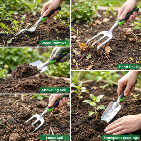 Heavy Duty Gardening Tools 10 Piece Set With Durable Stainless Steel Hand Tools in use for weeding, raking, and planting.