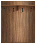 Mid Century Modern Fluted Walnut Wall Mount Coat Rack Panel With Roomy Shelf And Hella Sturdy Hooks For Entryway Hallway Mudroom Sweet Wall Organized Storage Setup With Groovy Wood Grain Details with three metal hooks and fluted design